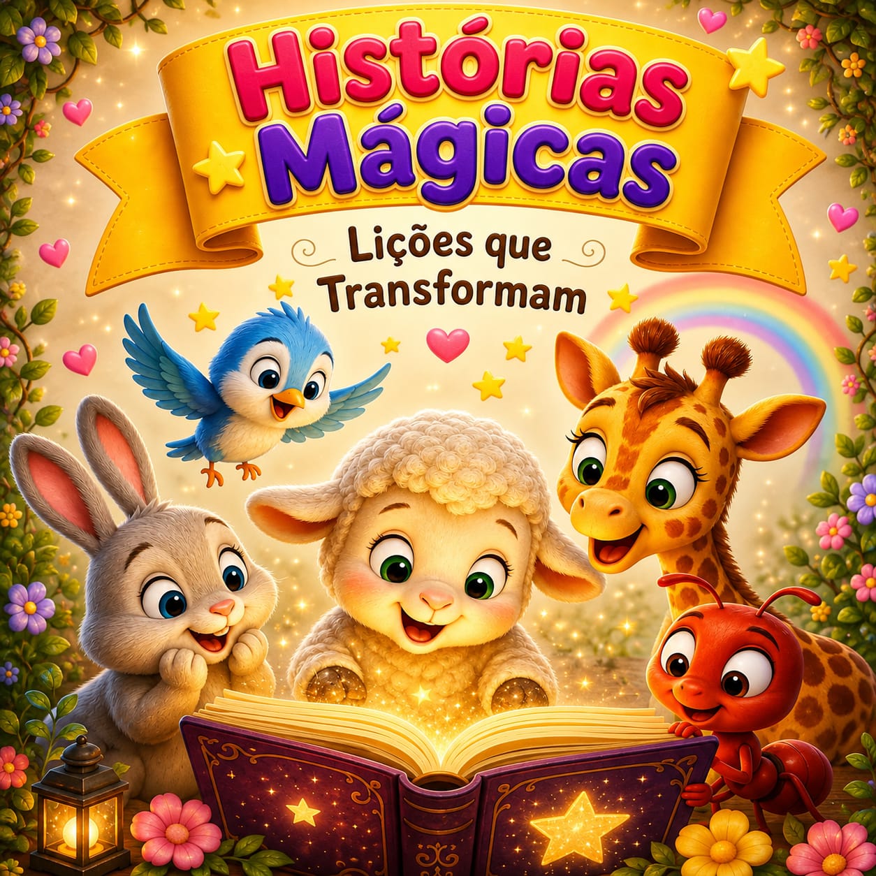 Capa do livro infantil digital Histórias Mágicas: Lições que Transformam, mostrando animais felizes como um coelho, passarinho azul, ovelha, girafa e joaninha lendo juntos um livro mágico aberto sob um arco-íris.